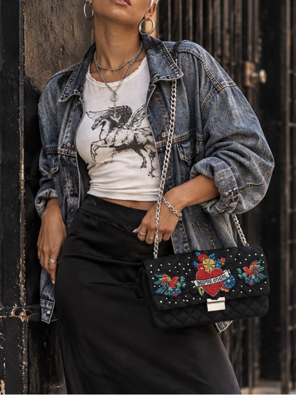 Zara Black Quilted Embroidered Tattoo Patch Chain Crossbody Shoulder Bag